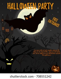 Halloween night background with creepy house, trees, big bat and pumpkin. Invitation template