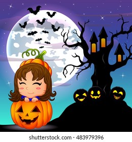 Halloween night background with cute little girl in basket pumpkin and scary tree house.Vector illustration