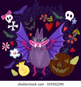 Halloween night background with cute vampire bat and pumpkin,vector lovely illustration.
