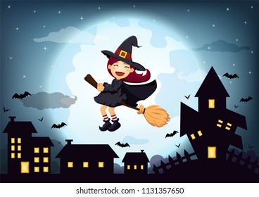 Halloween night background with cute Witch and Black silhouette house on the full moon. Blank space for text and content. Vector elements for banner, greeting card, celebration, party poster
