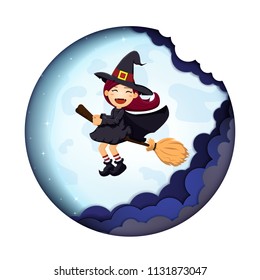 Halloween night background with cute Witch and cloud on the full moon. Blank space for text and content. Vector elements for banner, greeting card, celebration, party poster, paper art style.