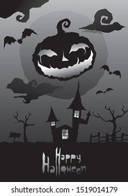 Halloween night background and dack pumpkin on the moon , haunted house and bat , scary house and tree , poster vactor eps 10