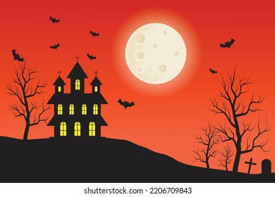 Halloween night background, dark castle on the hill and the moon background,. vector illustration