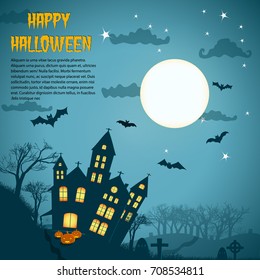 Halloween night background with dark castle cemetery crosses and bats at blue lunar sky flat vector illustration    