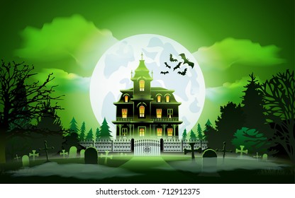 Halloween night background with dark castle cemetery crosses and bats at green lunar sky flat vector illustration