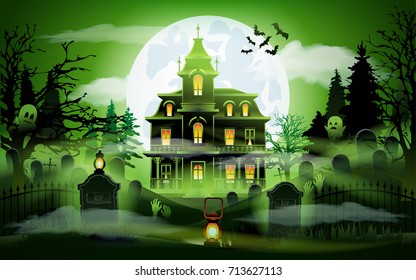 Halloween night background with dark castle cemetery crosses and bats at green lunar sky vector illustration