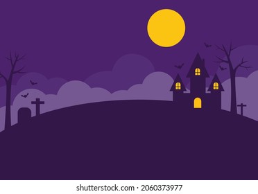 Halloween night background. Dark house with moon. vector illustration