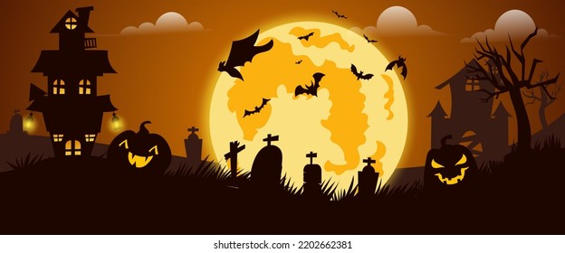 Halloween night background, dark pumpkin and castle. Vector illustration.	
