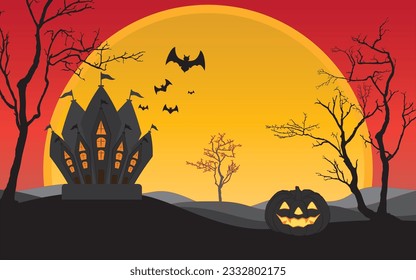 Halloween night background with dark pumpkins and castle