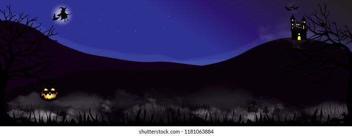 Halloween night background with dark trees, pumpkin jack o lantern, scary fog, cemetery, spooky castle on the hill and silhouette of witch flying on broomstick shape on full moon. Vector illustration.