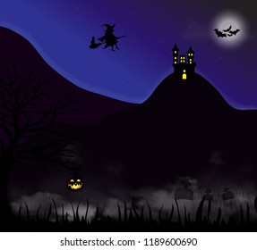 Halloween night background with dark trees, pumpkin jack o lantern, scary fog, cemetery, spooky castle on the hill and silhouette of witch flying on broomstick shape on full moon. Vector illustration.