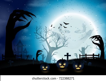 Halloween night background with dark trees of hands shape on full moon.Vector illustration.