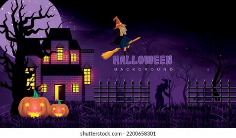 Halloween night background design with haunted house and pumpkin