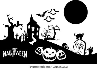 Halloween Nachthintergrund Design, Kürbis, dunkles Schloss, Fledermäuse und Grab. Vektorgrafik.