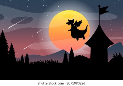 Halloween Night Background With Dragon Flying Silhouette Illustration