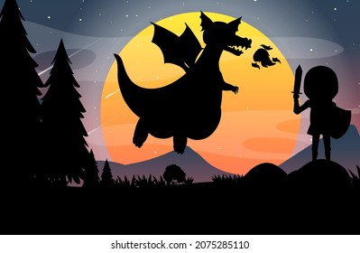 Halloween night background with dragon and knight silhouette illustration