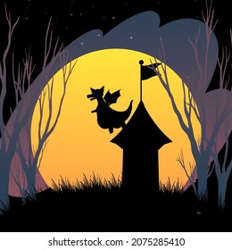 Halloween night background with dragon and tower silhouette illustration