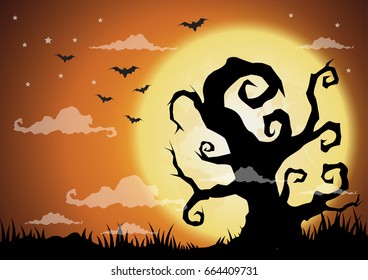 Halloween night background, dry tree and full moon.Vector illustration.