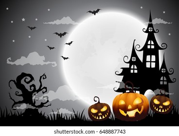 Halloween night background, dry trees and full moon.Vector illustration.