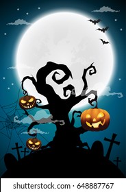 Halloween night background, dry trees and full moon.Vector illustration.