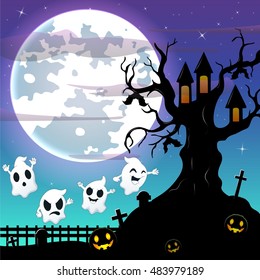 Halloween night background with flying ghost and bats hanging on scary tree house.Vector illustration