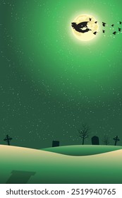 Halloween night background with flying a vampire, cemetery and full moon.