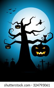Halloween night background flying witch over cemetery on white full moon cool sky 