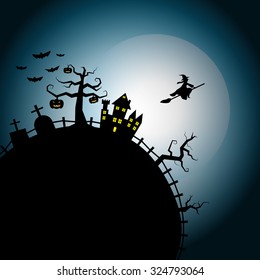 Halloween night background flying witch over chateau on white full moon cool sky 