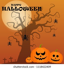Halloween night background with full Moon and pumpkins, illustration.