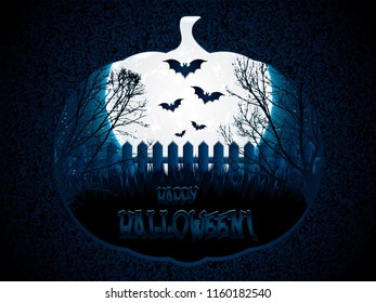 Halloween night background with full moon and bats, vector illustration.