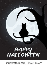 Halloween night background with full moon and black cat on tree