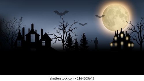 Halloween night background with full moon. vector illustration