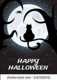 Halloween night background with full moon and black cat on tree