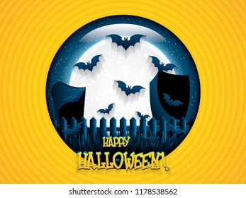 Halloween night background with full moon and bats, vector illustration.