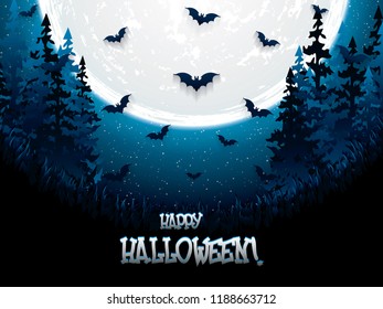 Halloween night background with full moon and bats, vector illustration.