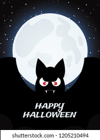 Halloween night background with full moon and angry bat