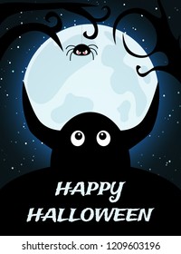 Halloween night background with full moon, spider and monster. Vector illustration