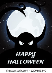 Halloween night background with full moon, tree and monster. Vector illustration