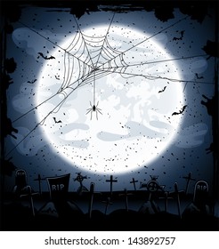 Halloween night background, full Moon in the dark sky, cemetery and spider, illustration.
