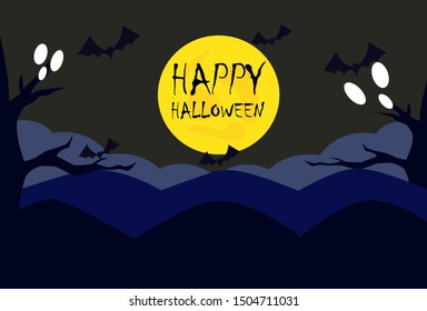 Halloween night background with full moon, bat, mountain, arid tree