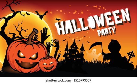 Halloween night background with full Moon, Halloween banners with pumpkins