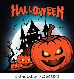 Halloween night background with full Moon, Halloween banners with pumpkins