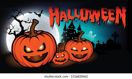 Halloween night background with full Moon, Halloween banners with pumpkins