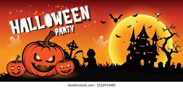 Halloween night background with full Moon, Halloween banners with pumpkins
