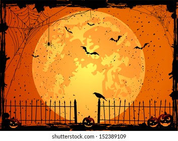 Fundo de noite de Halloween com lua cheia, abóboras e corvo, ilustração