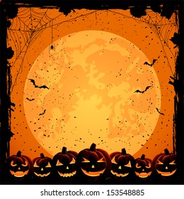 Halloween night background with full Moon, pumpkins and spiders, illustration