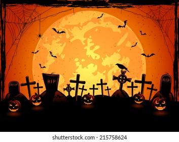 Halloween night background with full Moon, cemetery and pumpkins, illustration