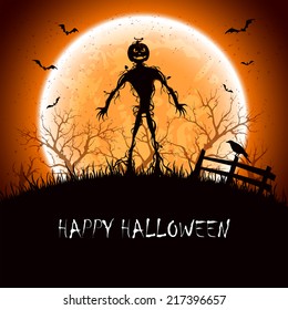 Halloween night background with full Moon, monster and pumpkins, illustration.