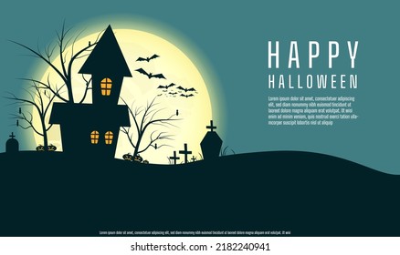 halloween night background Full Moon, Bats, Pumpkins, and Black Fang Castle vector illustration For posters, websites, banners or advertisements