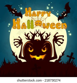 Halloween night background with full moon, horror zombie pumpkin and bats. Halloween vector illustration for greeting card, poster, wallpaper or flyer design with funny hand drawn lettering.